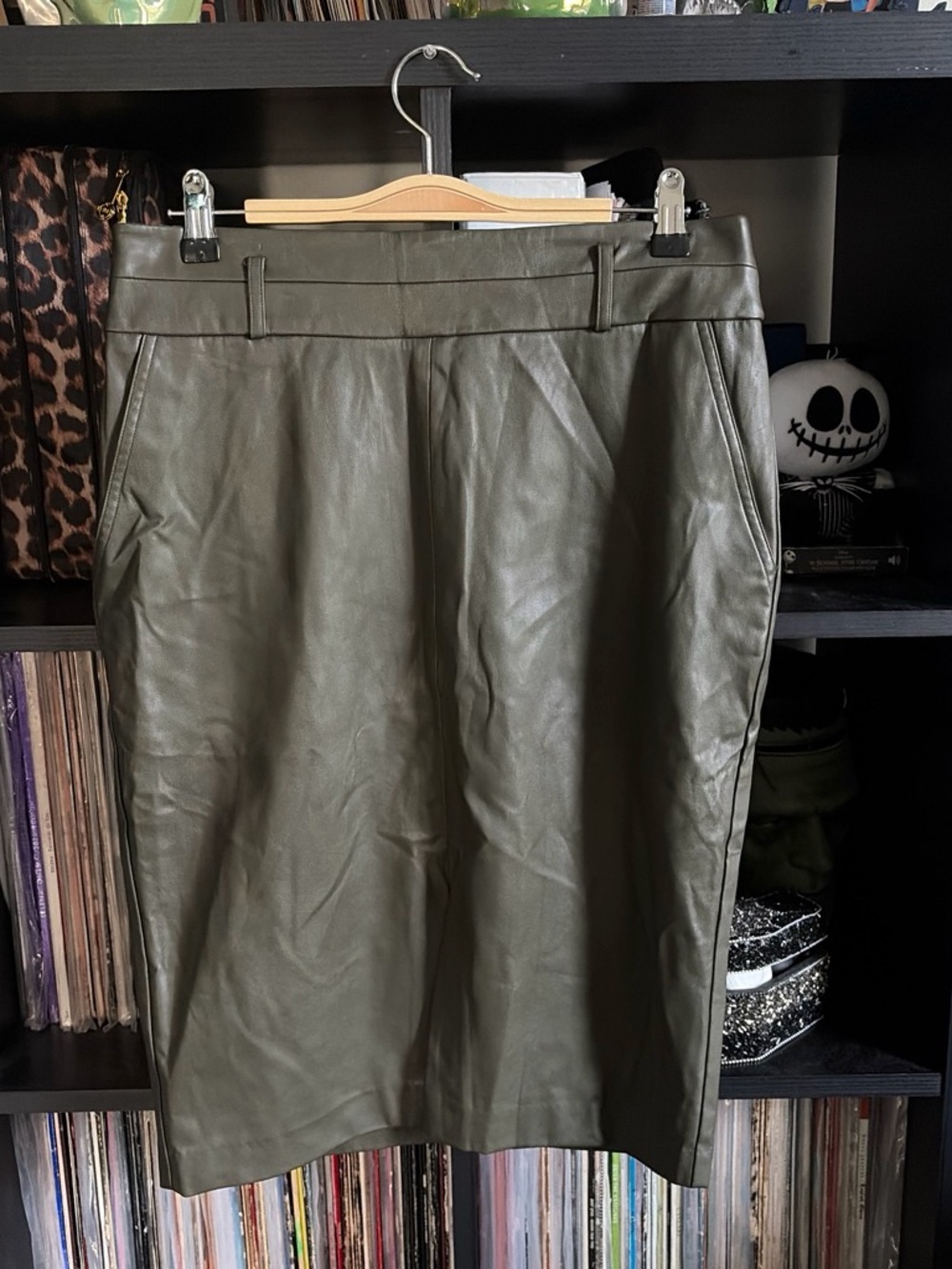 New York & Company Gabrielle Union Olive Green Faux Leather Pencil Skirt